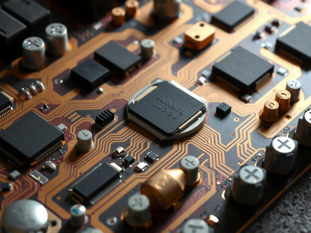 Dettaglio di circuito stampato 5G con illuminazione artigianale